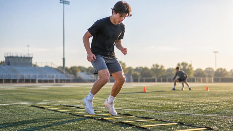 Athlete performing quick-foot steps through a yellow agility ladder on a sunlit outdoor turf field, with cones and another athlete in the background.