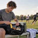 Young athlete on a sideline bench packs a banana, pretzels, and a bagel into a duffel bag while teammates run agility drills on a grass field behind him.