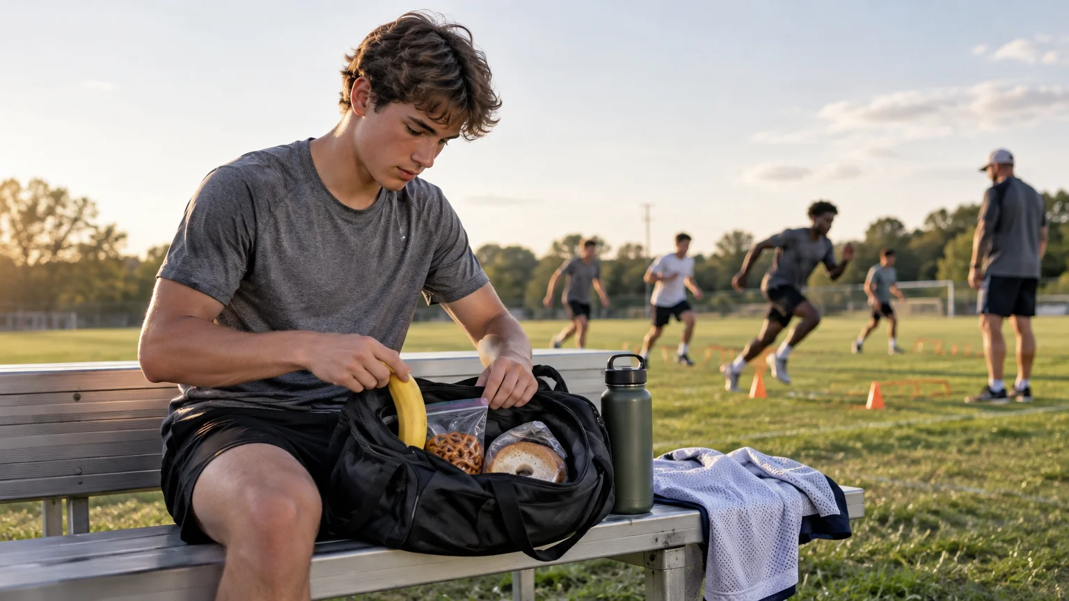 Young athlete on a sideline bench packs a banana, pretzels, and a bagel into a duffel bag while teammates run agility drills on a grass field behind him.