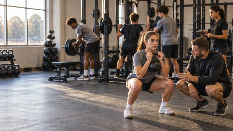 A coach crouches beside a student performing a kettlebell squat in a sunlit school weight room while other students train on racks behind them.