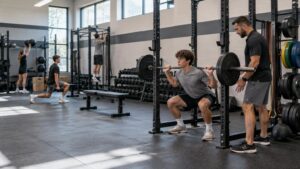 High school-style weight room with students using squat racks, dumbbells, a medicine ball, and a bench while a coach spots a barbell back squat.
