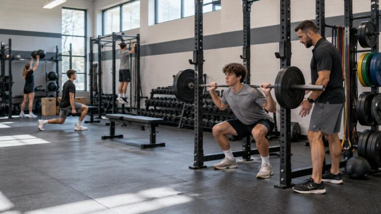 High school-style weight room with students using squat racks, dumbbells, a medicine ball, and a bench while a coach spots a barbell back squat.