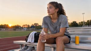 Young athlete resting on track-side bleachers at sunset, holding a water bottle beside an unbranded orange can, with a towel, bag, and running shoes nearby.