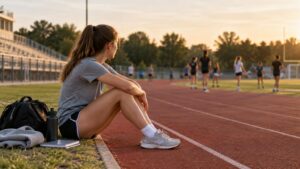 Student-athlete sits beside a running track at sunset with a backpack, water bottle, sweatshirt, and notebook while teammates practice in the background.