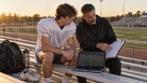 A football player in practice gear sits on stadium bleachers with an adult coach reviewing a clipboard and game footage on a laptop at sunset.