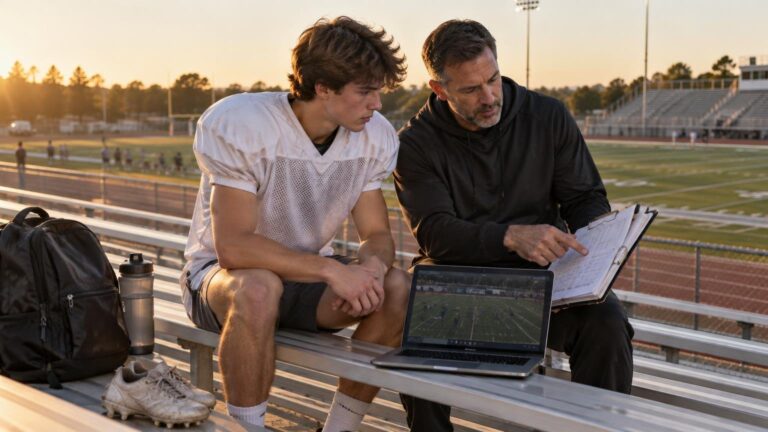 A football player in practice gear sits on stadium bleachers with an adult coach reviewing a clipboard and game footage on a laptop at sunset.