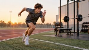 Athlete sprinting beside an outdoor track and weight rack with a loaded barbell at sunset.