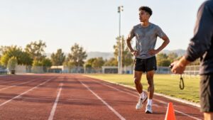 Athlete resting with hands on hips on an outdoor running track while a coach holding a stopwatch stands in the foreground at sunset.