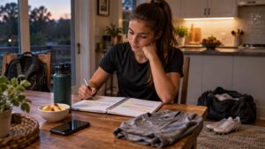 Young athlete in a kitchen marks a color-coded planner beside a water bottle, backpack, folded workout clothes, and cleats at dusk.